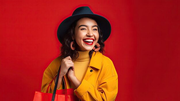 Foto senhora alegre com sacola de compras vermelha