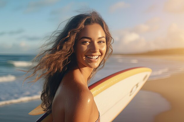 Senhora alegre com uma prancha de surf na praia Surf Generaive Ai