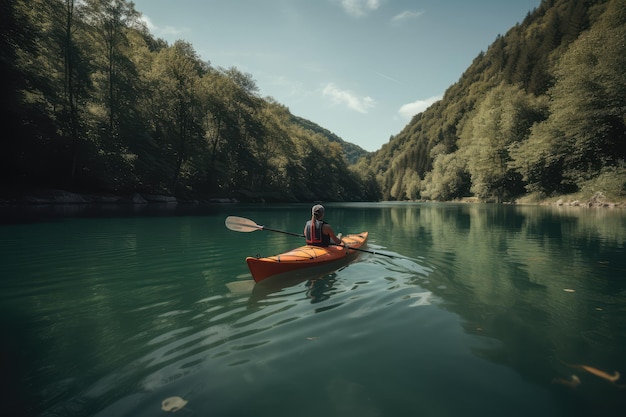 Senhora andando de caiaque no lago com bela paisagem AI