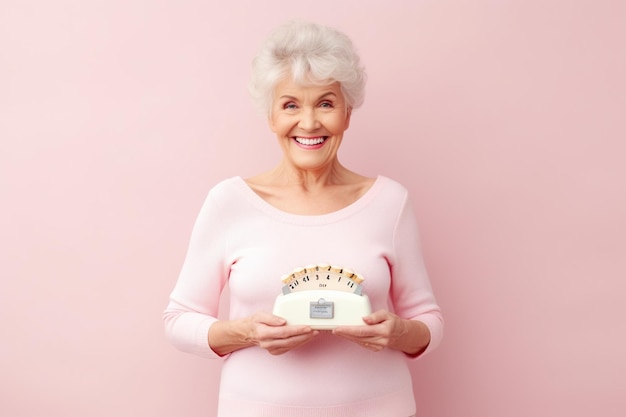 Senhora aposentada positiva mede conceito de dieta de barriga isolado fundo de cor pastel