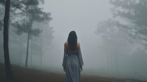 Senhora cautelosa em pé ao lado de Timberland em clima nebuloso Recurso criativo gerado por IA