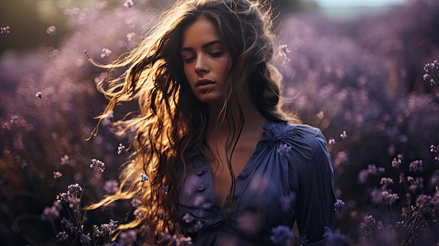 Senhora de cabelos dourados cercada por flores radiantes sob um céu azul claro que resume o esplendor da natureza e a graça de outro mundo