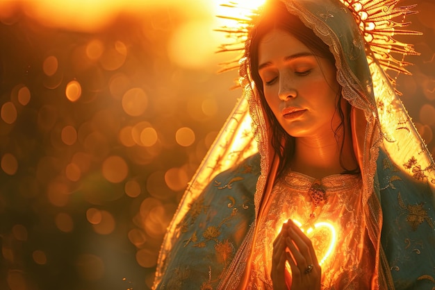 Senhora de Guadalupes expôs o coração irradiando um caloroso brilho dourado