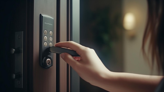 Senhora de IA generativa bloqueia um smartlock na porta principal com uma chave inteligente