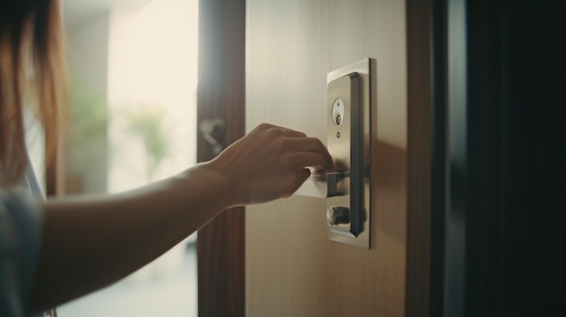 Senhora de IA generativa bloqueia um smartlock na porta principal com uma chave inteligente