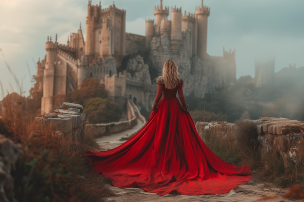 Senhora de vermelho com vista para o majestoso castelo
