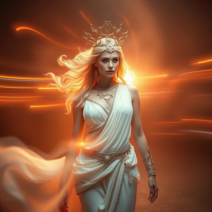 Foto senhora divina em uma roupa inspirada na deusa grega hera