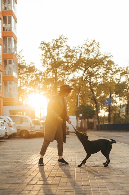 Senhora elegante brincando com cachorro brincalhão ao ar livre no fundo do pôr do sol e bela paisagem de outono