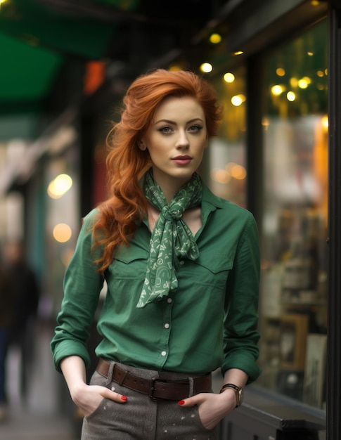 Senhora elegante de cabelos vermelhos com roupa verde.