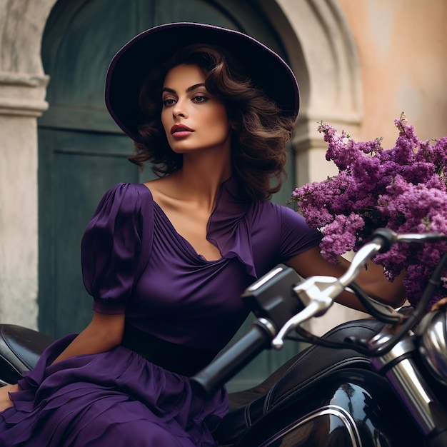 senhora elegante parece Sophia Loren sentada em uma motocicleta Vespa, ela está com um chapéu com pequenos buracos