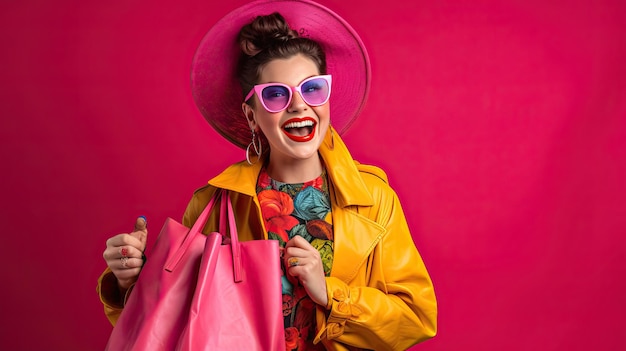 Foto senhora encantadora com bolsa rosa e óculos