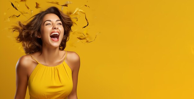 Senhora feliz e excitada em fundo amarelo