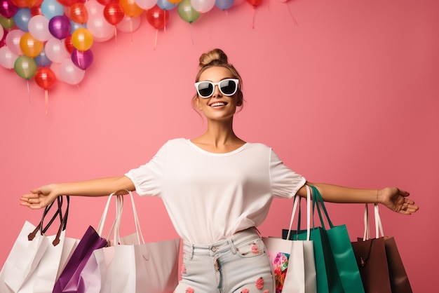 senhora feliz em óculos de sol em pé com sacolas de compras coloridas nas mãos sobre fundo rosa você