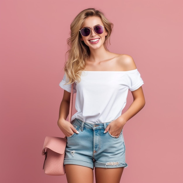 senhora feliz em óculos de sol em pé com sacolas de compras coloridas nas mãos sobre fundo rosa você
