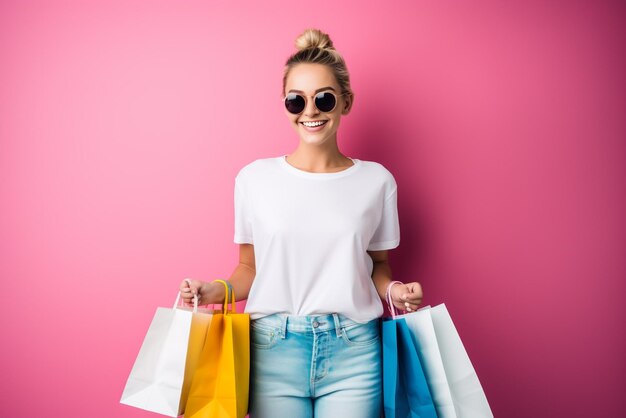 senhora feliz em óculos de sol em pé com sacolas de compras coloridas nas mãos sobre fundo rosa você