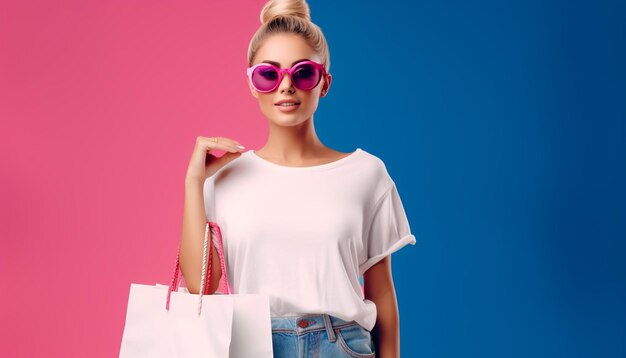 Foto senhora feliz em óculos de sol em pé com sacolas de compras coloridas nas mãos sobre fundo rosa