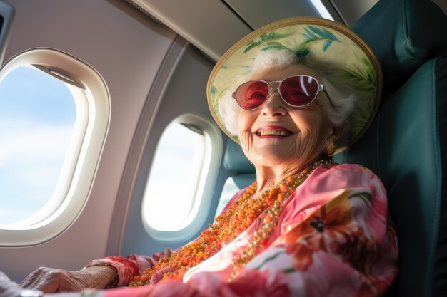 Foto senhora idosa no avião.