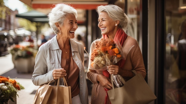 Senhora sorridente e alegre com sacolas de compras sorrindo e sua mãe idosa em óculos de sol rindo Foto de alta qualidade