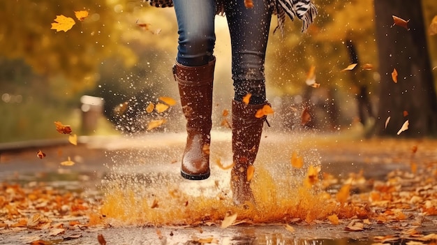 Senhora usando botas flexíveis de chuva passeando correndo e saltando em poça com água borrifada e gotas na chuva do tempo da loja Recurso criativo gerado por IA