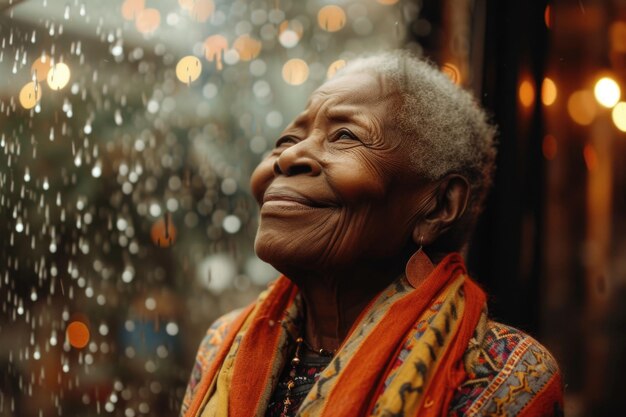 Foto senior afroamerikanische glückliche frau lächelt unter dem regen sie fühlt wunder und freude