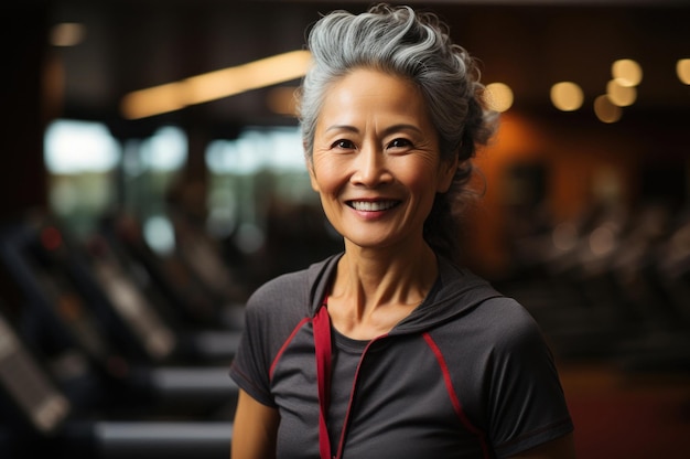 Senior-asiatische Frau trainiert im Fitnessstudio und schaut in die Kamera. Selektive Fokussierung. Sie lächelt. Modernes Fitnessstudio.