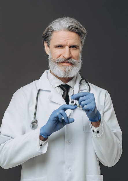 Senior canas doctor sosteniendo una jeringa y mirando