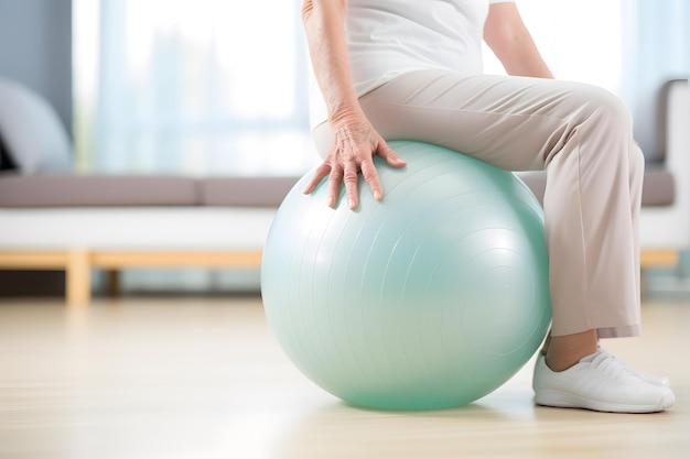 Senior caucásico haciendo ejercicio con una pelota suiza en un gimnasio