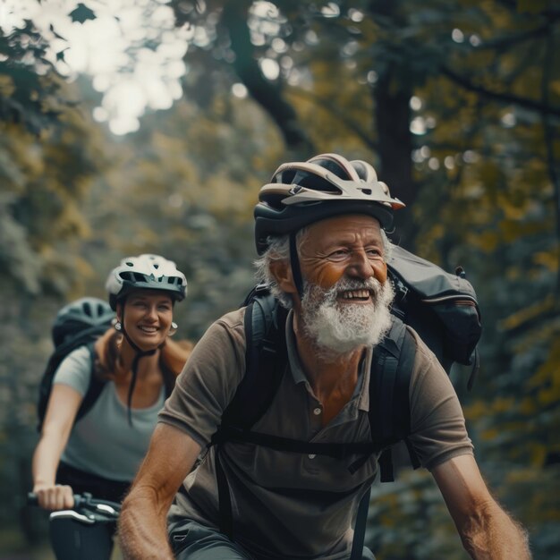 Foto senior cycling duo zwei glückliche alte, reife menschen, die gemeinsam fahrradfahren genießen, um fitness und spaß zu haben.