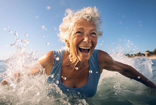 Foto senior-frau, die im ozean spritzt und im stil von michael shainblum schwimmt.