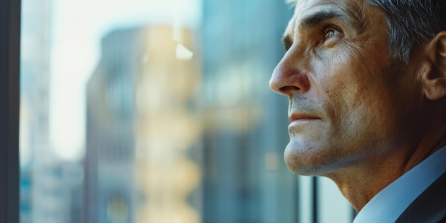 Senior-Geschäftsmann schaut aus dem Fenster Stilvolles Porträt eines reifen Mannes in einem Anzug Generative KI