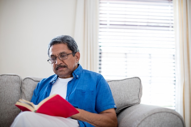 Senior hombre con gafas leyendo una novela