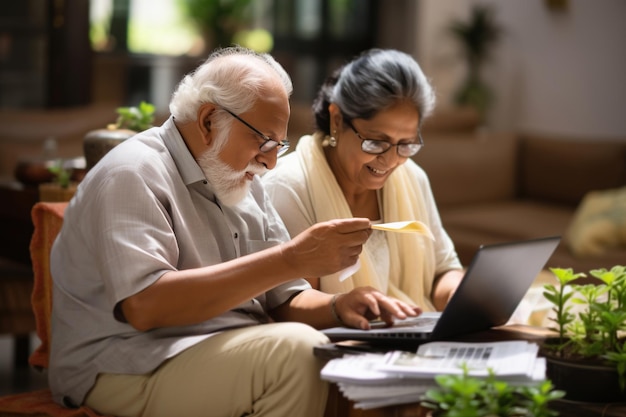Senior indisches asiatisches Ehepaar Buchhaltung Überprüfung von Rechnungen auf Laptop-Rechner und Geld am Schreibtisch