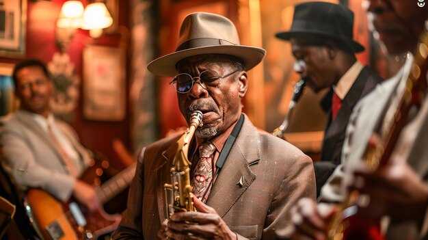 Senior-Jazzmusiker spielt Saxophon mit Band in einer Retro-Clubumgebung