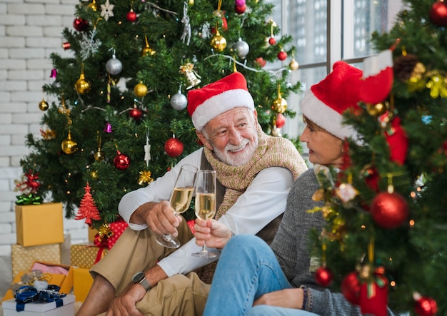 Senior kaukasischen Mann hält und jubelt Champagnerflöte zusammen mit seiner Frau zwischen dekoriertem Weihnachtsbaum im gemütlichen Wohnzimmer im Winter. Liebespaar mit Weihnachtsmütze. Frohe Weihnachten feiern.