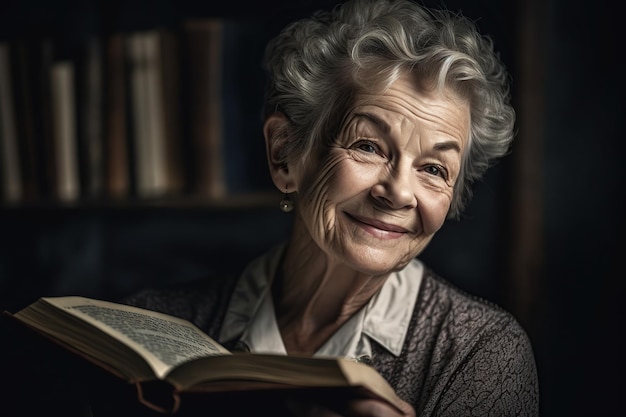 Senior mujer alegre leyendo un libro AI generativa