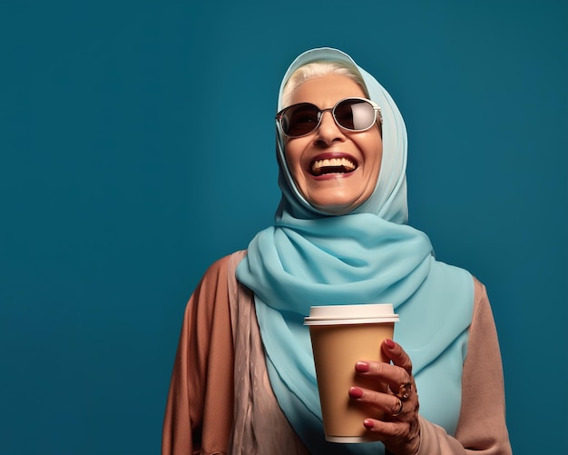 Senior mujer árabe con gafas de sol y café