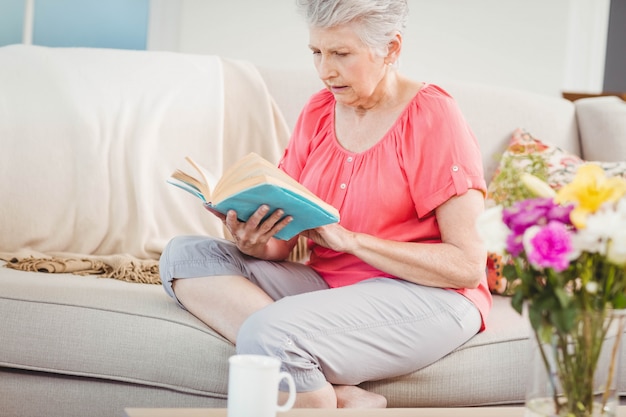 Senior mujer leyendo un libro en la sala de estar