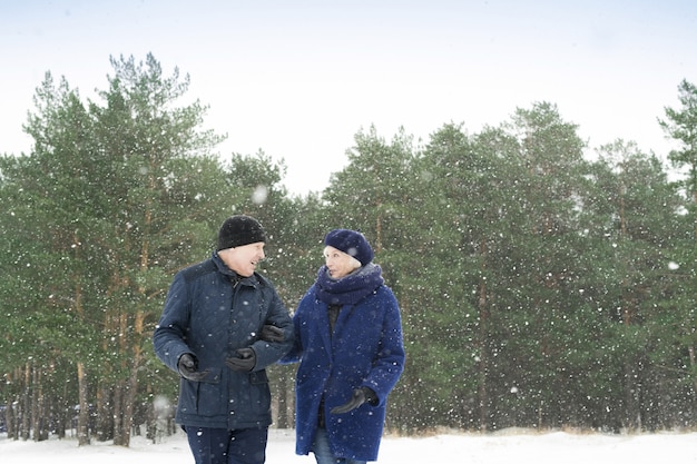 Senior pareja caminando afuera en invierno