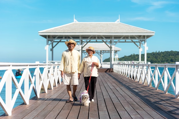 Senior pareja caminando de la mano en un puente en Ko Si Chang