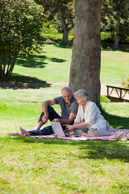 Senior pareja de picnic en el jardín