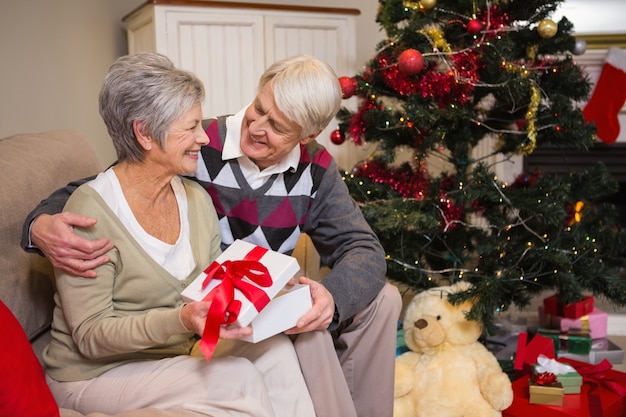 Senior pareja sentada al lado de su árbol de Navidad