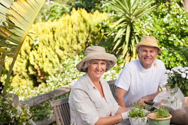 Senior pareja sentada en su jardín