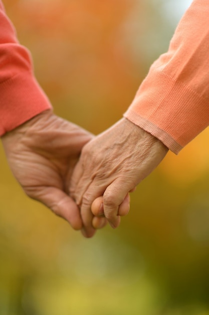 Senior pareja tomados de la mano juntos