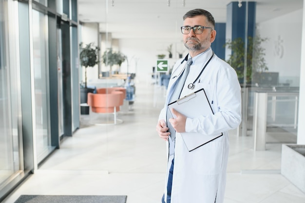 Senior en un pasillo Doctor en uniforme Hombre en gafas