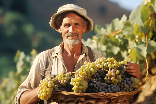 Senior-Weinmacher erntet Trauben in einem Weinberg an einem sonnigen Tag Generative KI-Illustration