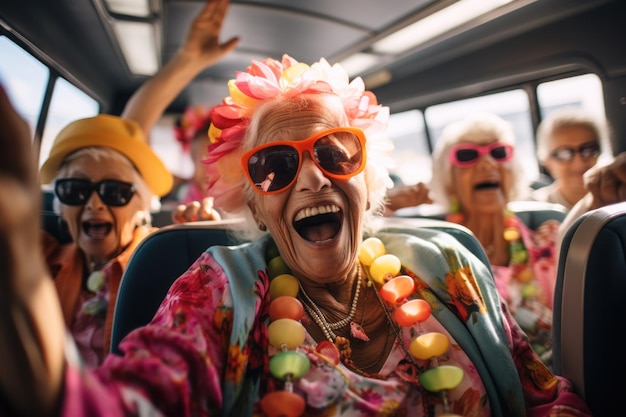 Senioren genießen einen Pflegeausflug mit Menschen, die Spaß an Bord eines bequemen Busses haben. Generative KI