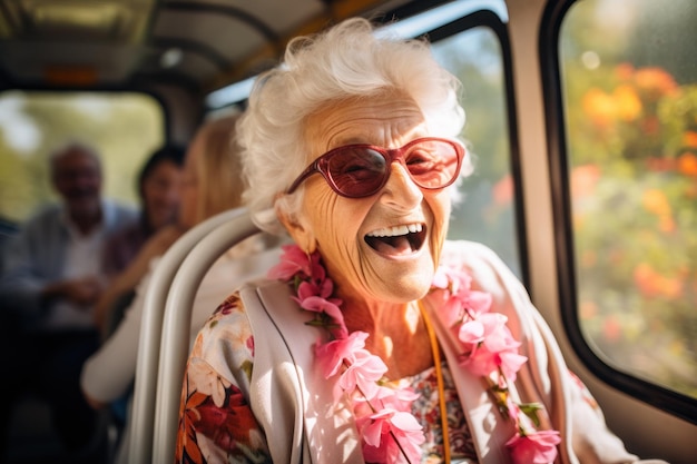 Senioren genießen einen Pflegeausflug mit Menschen, die Spaß an Bord eines bequemen Busses haben. Generative KI