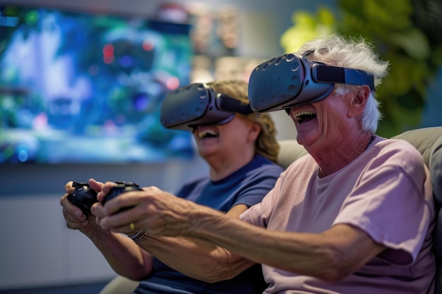 Senioren spielen VR-Spiele im Wohnzimmer Pragma
