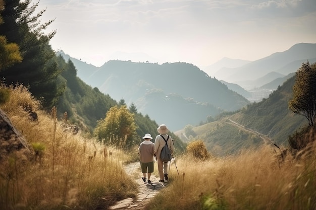 Seniorenpaar beim Wandern in den Bergen Aktiver Lebensstil im Alter Erstellt mit generativer KI