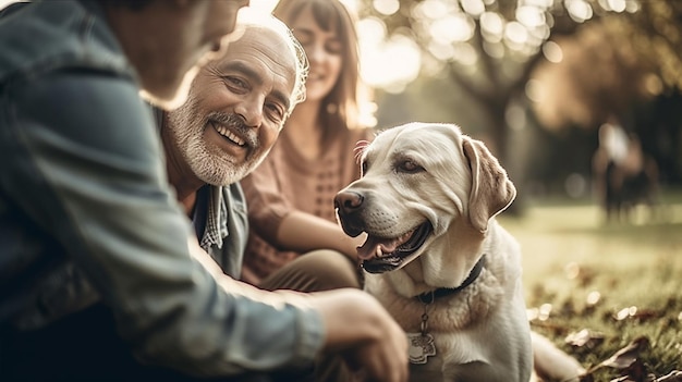 Seniorenpaar mit ihrem Hund, der im Park sitzt und gemeinsam Spaß hatGenerative ai